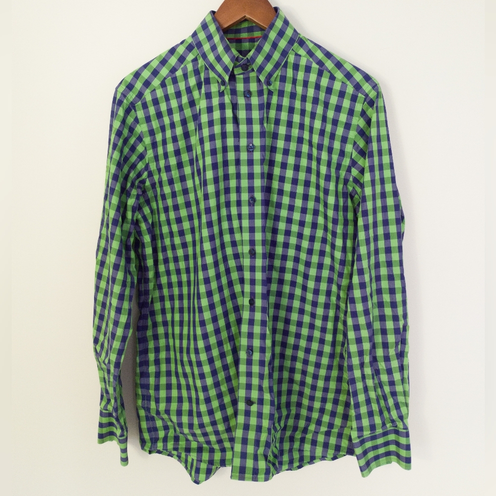 Eton Contemporary Fit Green Blue Gingham Check Dress Shirt 40 Cotton